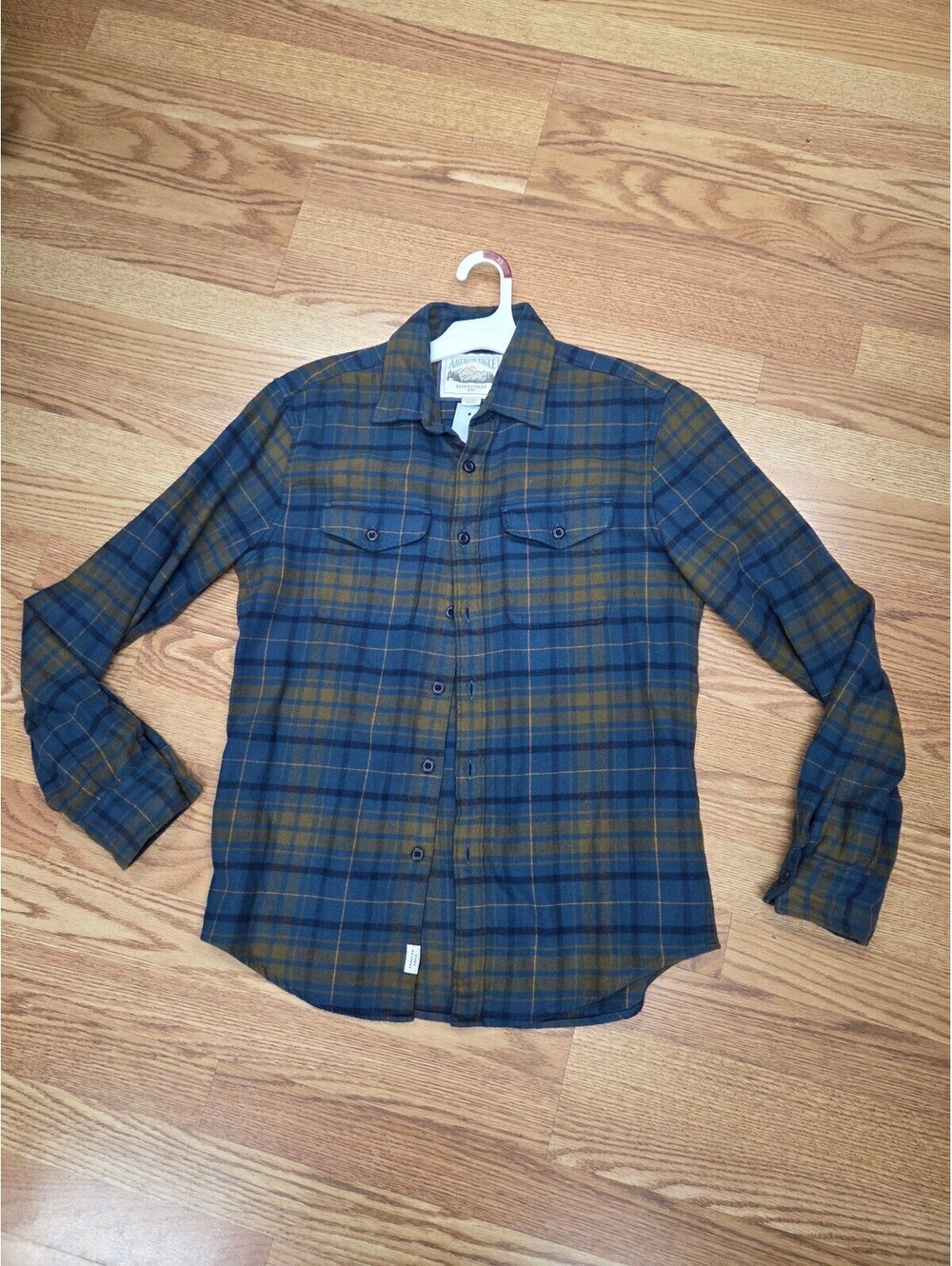 American Eagle Blue and Brown Plaid Button-Up Shirt 100% cotton flannel feel